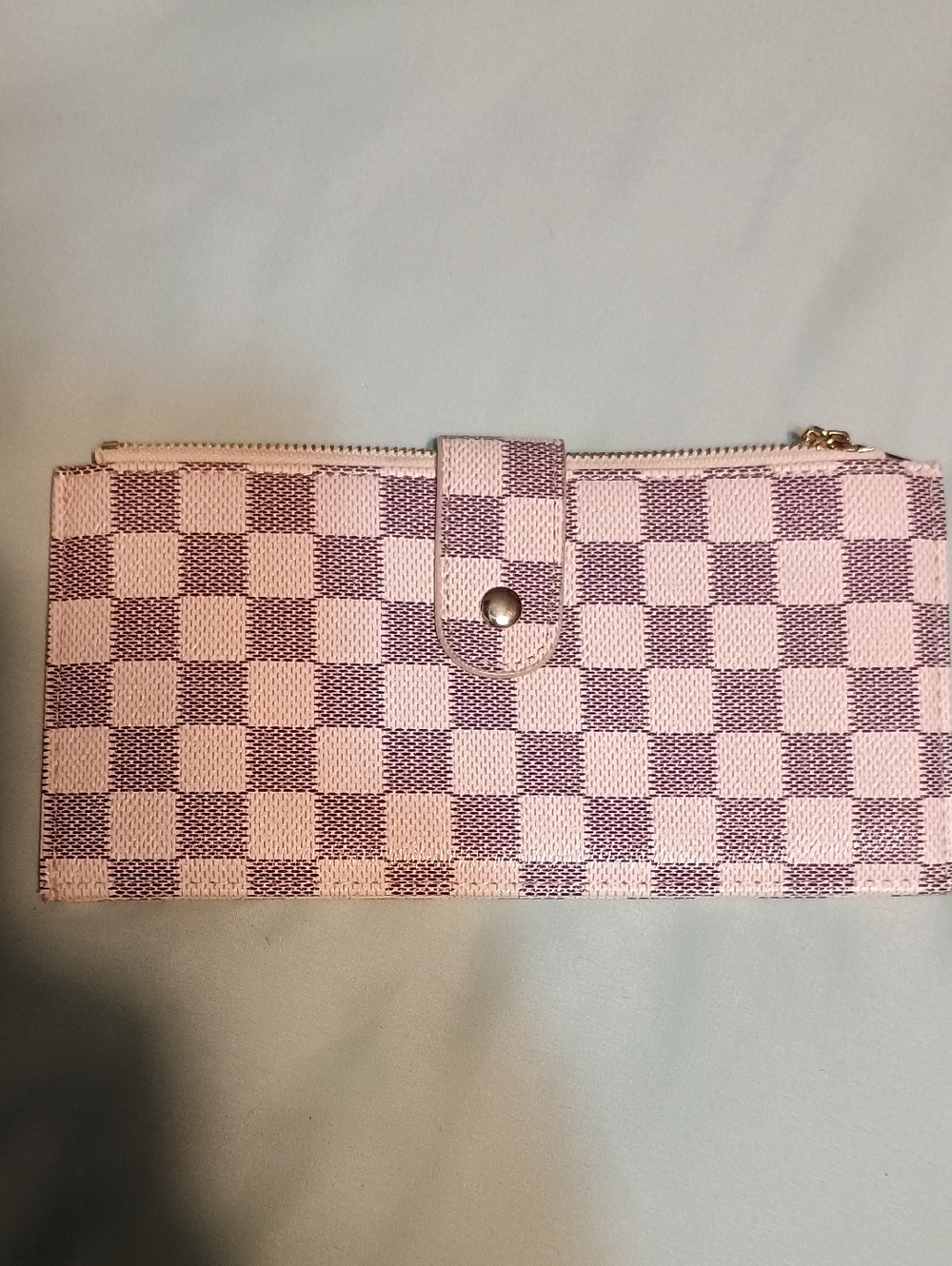 Cream Checkered Women's Wallet - Stylish Zip & Snap Organizer